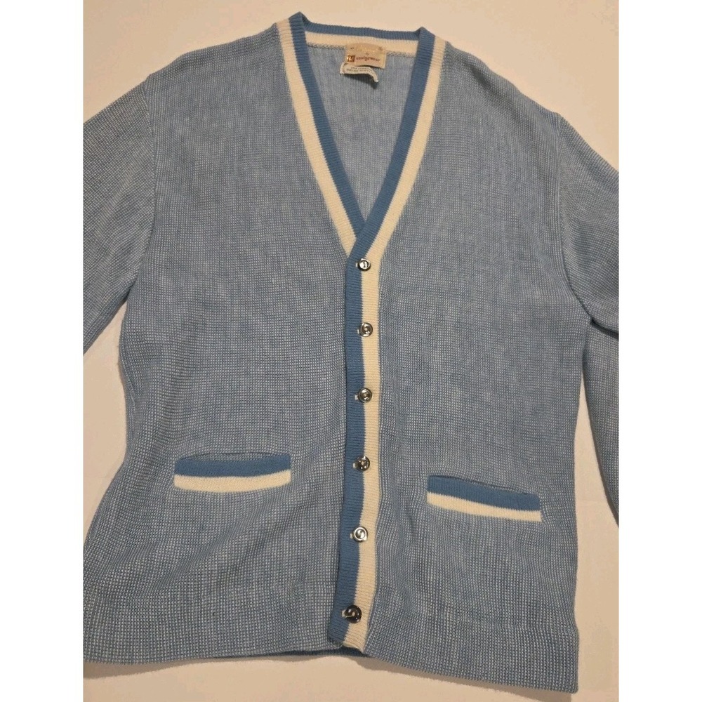Munsingware Cardigan Sweater Vtg 1960's Blue Cream Acrylic Button Rockabilly L